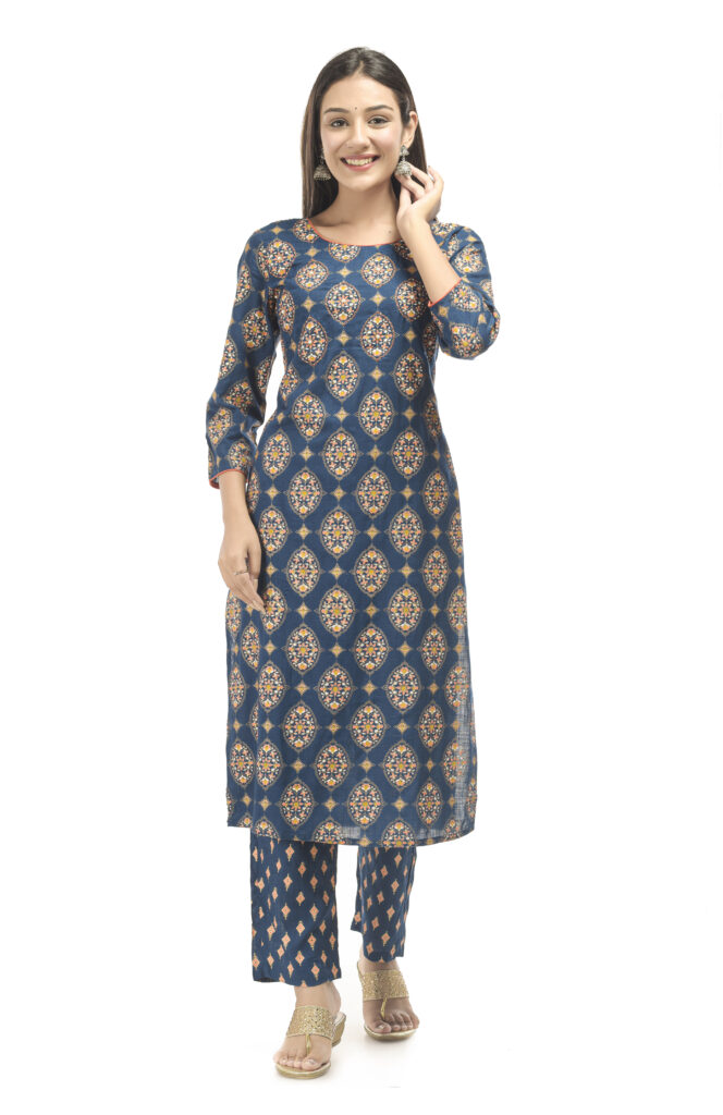 Kurta + Pant Style No N153_Tealblue_KP Rayon Jaipuri Gold Khari