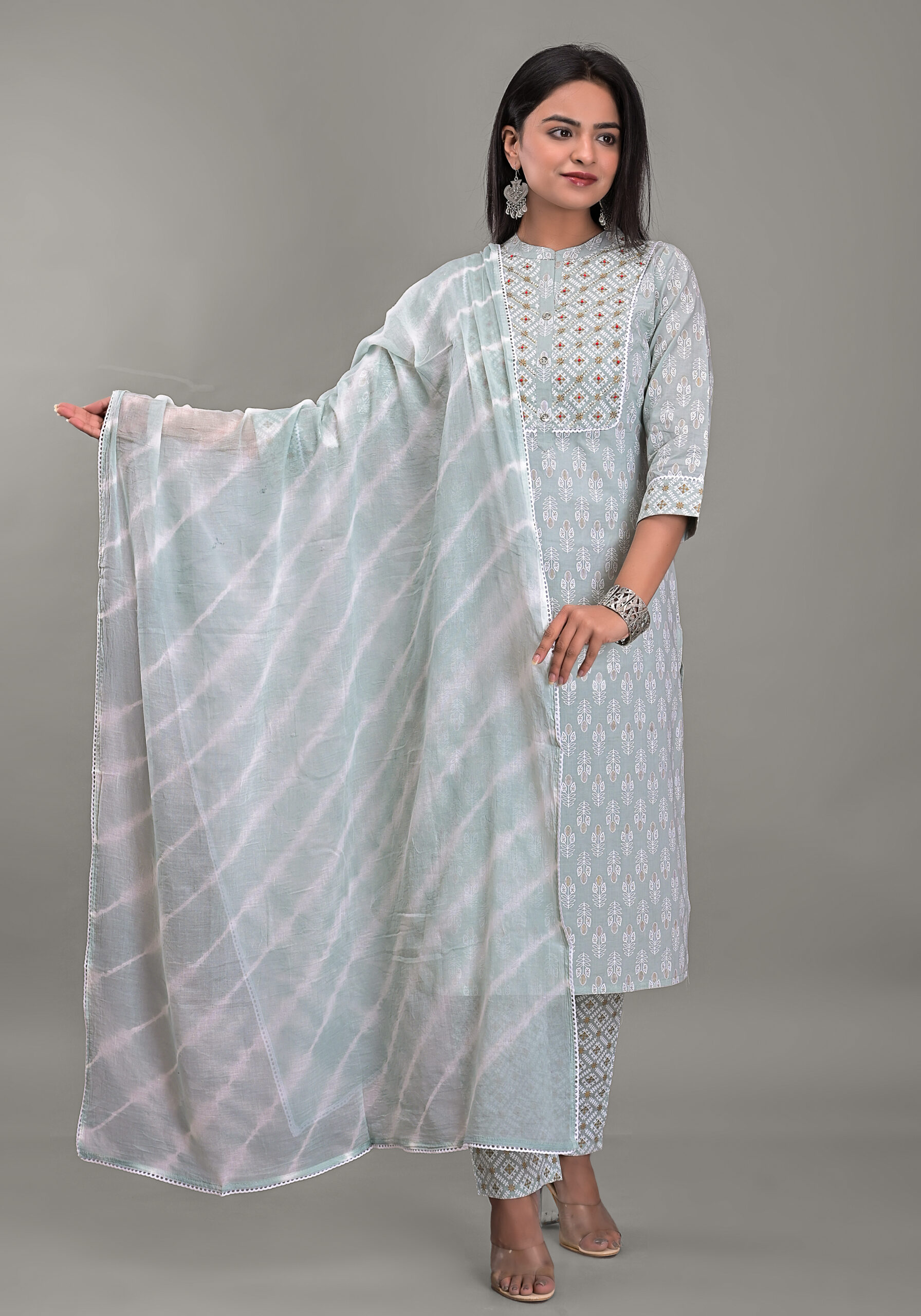 Kurta Pant Dupatta Set Style No N161 Grey KPD Cotton Jaipuri Khari Printed Adda Work Kurta Pant Dupatta Set with Pocket Rs 4125 for Pack of 5pc of S XXL Rs