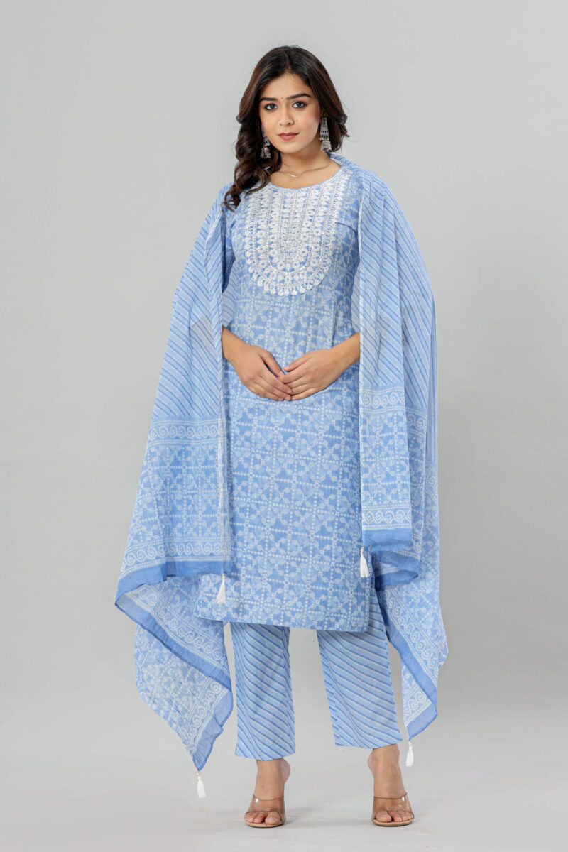 Women Jaipuri Printed Embroidered Cotton Kurta Pant Dupatta Set with Pocket | Rs 4250 for Pack of 5pc of S-XXL | Rs 850 Per Pc